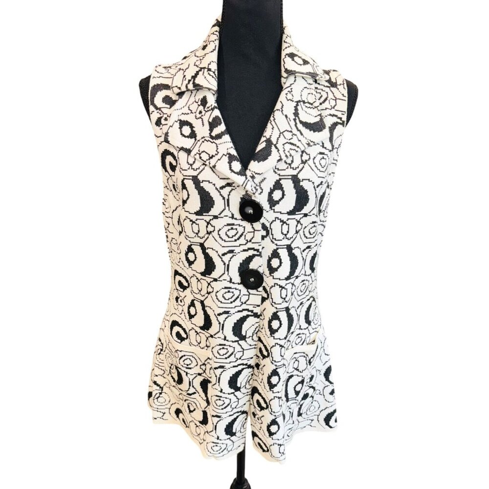 Willow Black White Abstract  Sleeveless Sweater Vest Pockets Classic Casual S